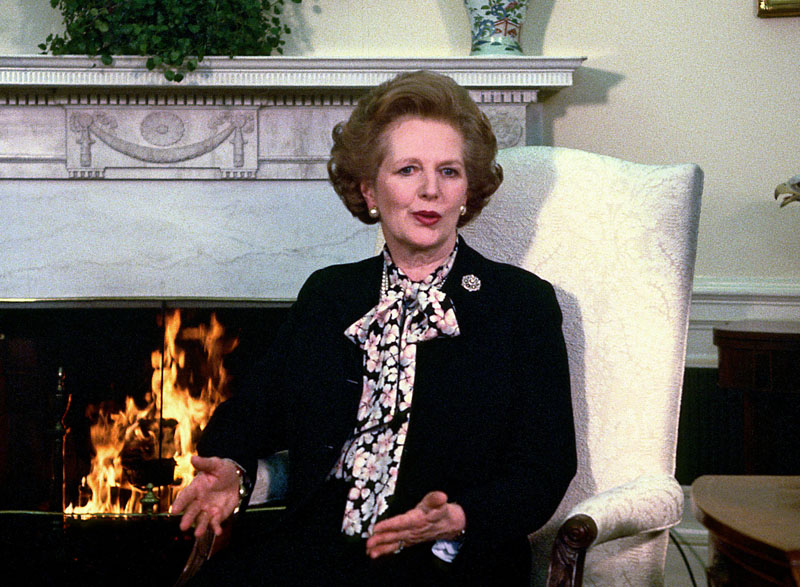 Prime Minister Margaret Thatcher of Great Britain makes a statement to the media as she meets United States President Ronald Reagan in the Oval Office of the White House in Washington, D.C. on Wednesday, February 20, 1985.  Their meeting lasted 2 hours.  Thatcher died from a stroke at 87 on Monday, April 8, 2013. Photo Credit: Arnie Sachs/CNP/AdMedia Photo via Newscom