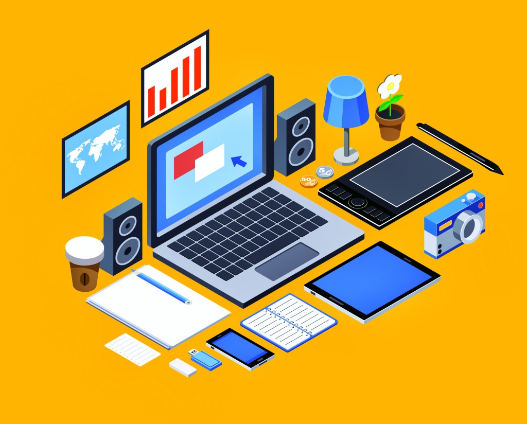 Flat isometric vector workspace. laptop, tablet, books, camera, office, graphic tablet, lamp, coffee