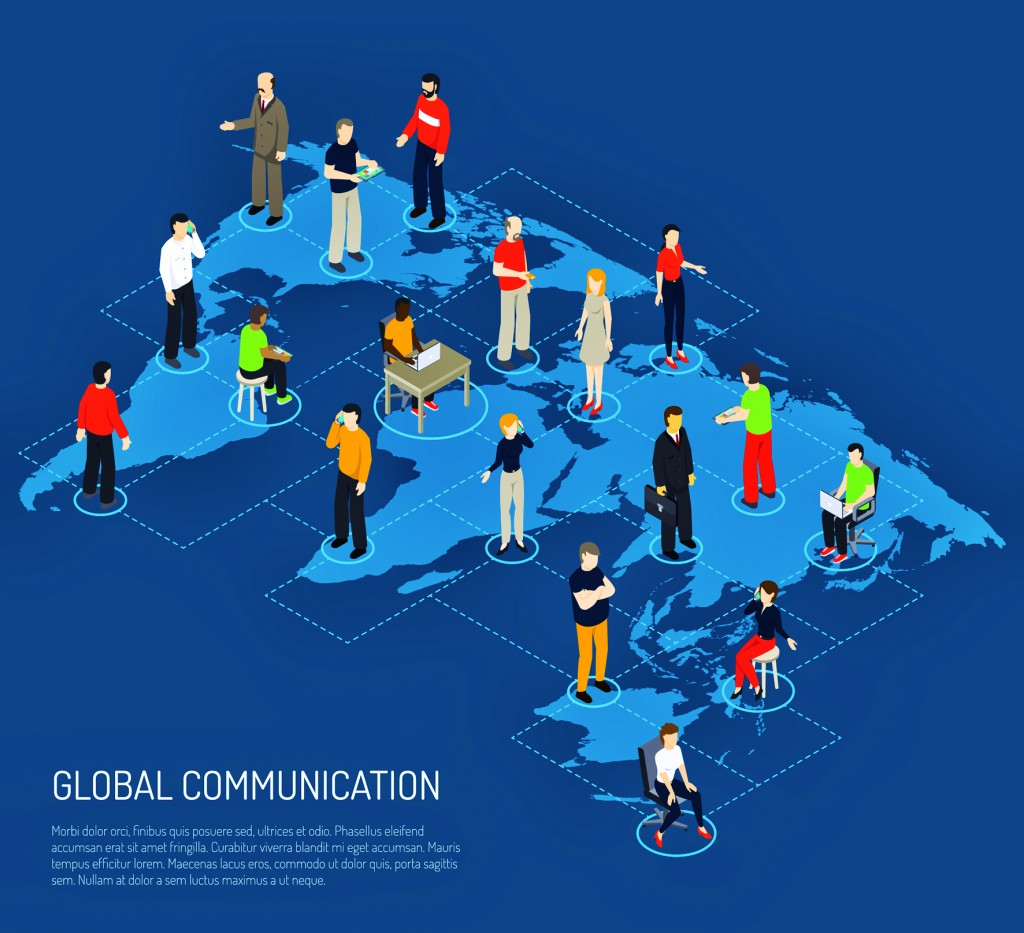 Isometric poster of people connected to global communication on world map dark blue background vector illustration