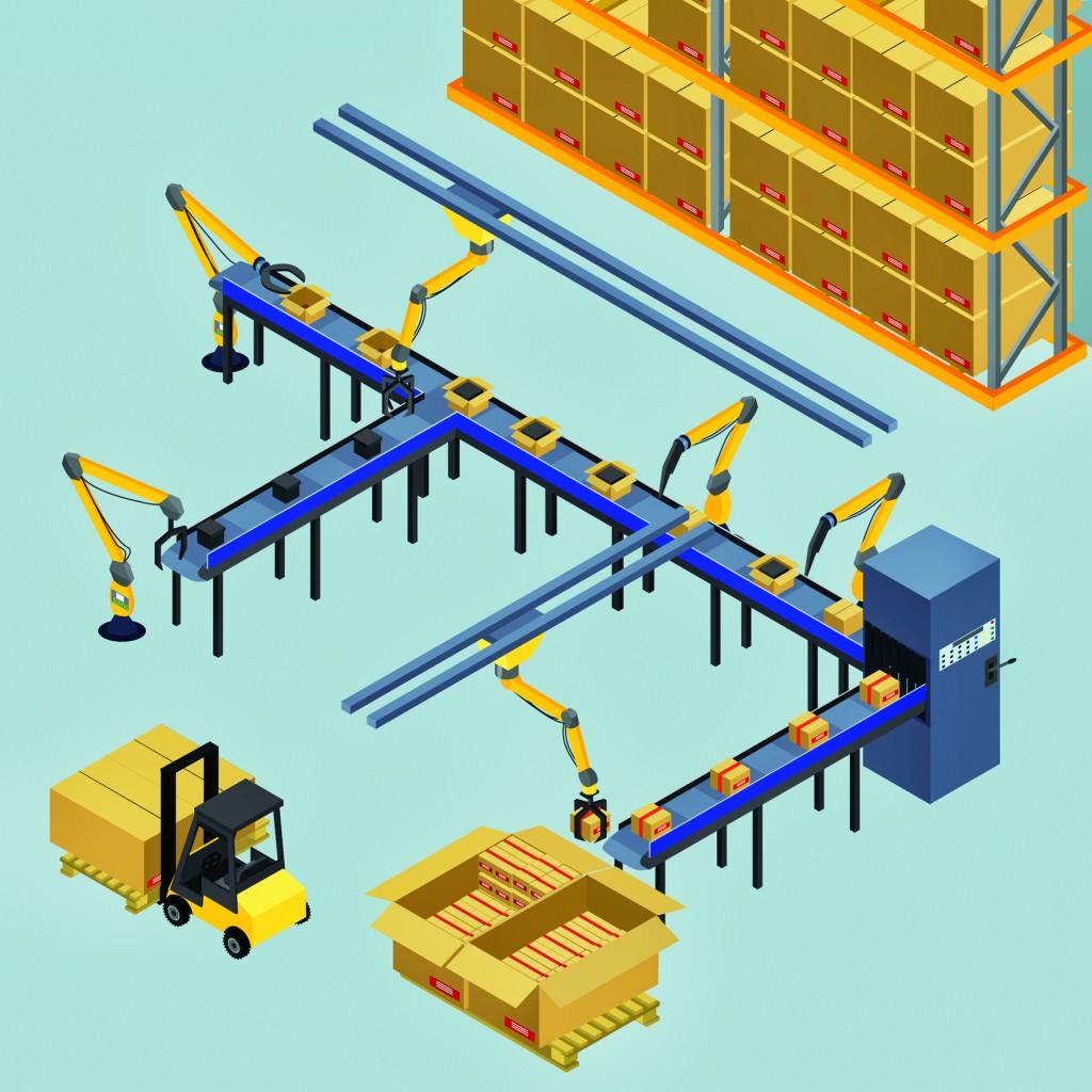 vector illustration. automatic belt conveyor, production line. robots shift boxes, packaging. isometric, infographics, 3D