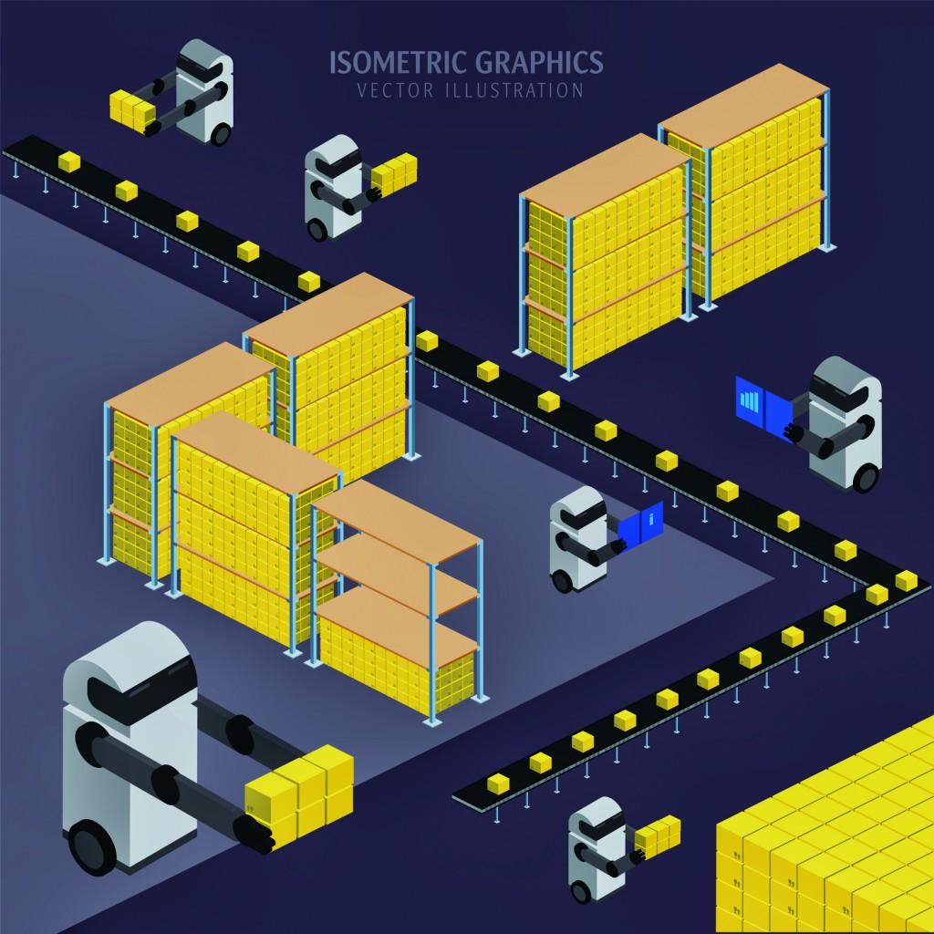 Isometric Infographics warehouse management and logistics. The process is controlled robots.