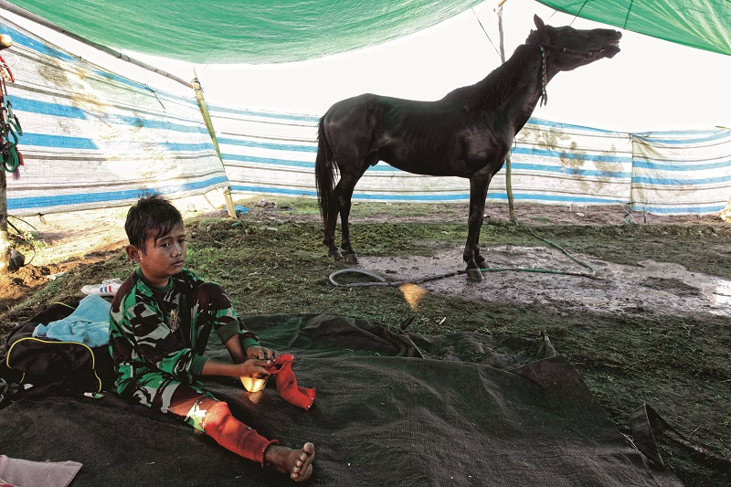 Durant le festival Moyo sur l'ile de Sumbawa en IndonÈsie, des courses hippiques sont organisÈes durant une semaine sur l'hippodrome de Sumbawa Besar, la capitale rÈgionale. Les jockeys sont des enfants et ont entre 5 et 12 ans. Egy, ‚gÈ de 7 ans, se rÈveille sous sa tente dans le campement sur le champ de course. Il souffre d'une infection ORL.