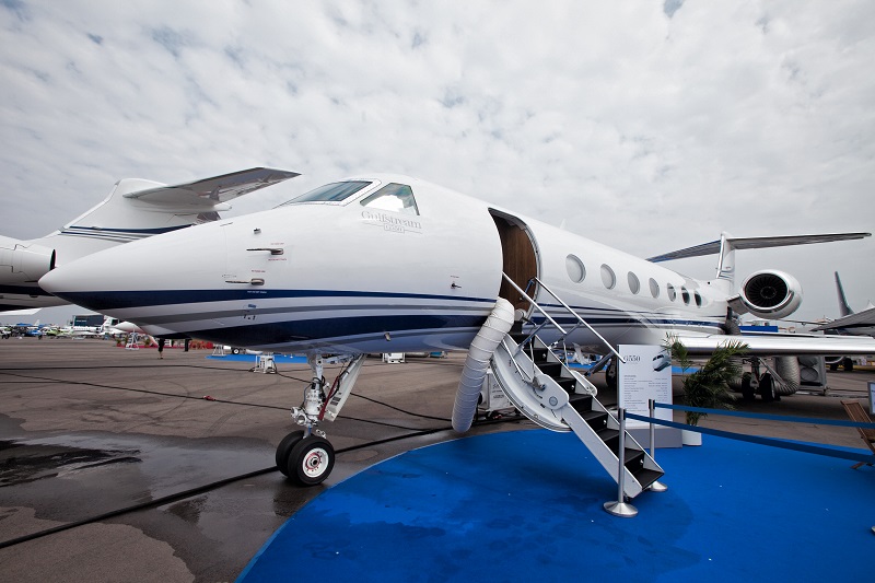 A Gulfstream G550 jet manufactured by Gulfstream Aerospace Corp., a unit of General Dynamics Corp., stands on display at the Singapore Airshow held at the Changi Exhibition Centre in Singapore, on Tuesday, Feb. 11, 2014. The air show takes place from Feb. 11-16. Photographer: Nicky Loh/Bloomberg via Getty Images