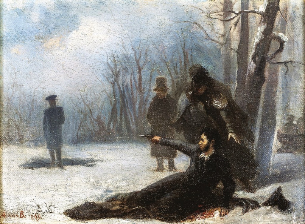 Adrian Markovich Volkov Volkov, Adrian Markovich (1827-1873), Duel between Alexander Pushkin and Georges d'Anthès, Oil on canvas, Painting, 1869, Russia, A. Pushkin Memorial Museum, St. Petersburg. Credit: Album / culture-images/fai