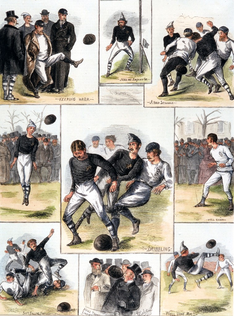 Sport, Football, November 1872, Scotland 0 v England 0, A hand-coloured engraving depicting incidents from the historic first match between Scotland and England, The game was played on the West of Scotland Cricket Ground, watched by a crowd of just 4,000 people, A photographer was arranged but he left without taking any pictures because the players would not guarantee to buy any (Photo by Popperfoto/Getty Images)