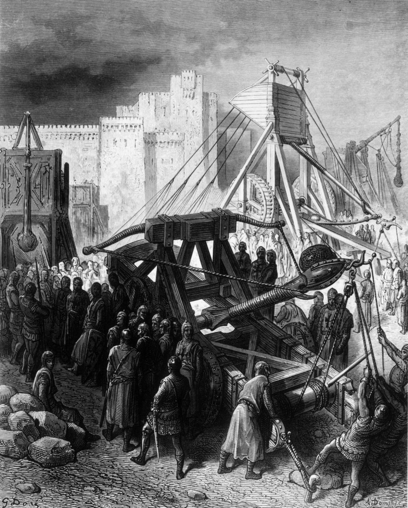 Circa 1097, Crusaders using a catapult against a besieged castle during the first Crusade. Original Artwork: Engraving by Dore from 'Histoire des Croisades' by JF Michaud (Photo by Hulton Archive/Getty Images)