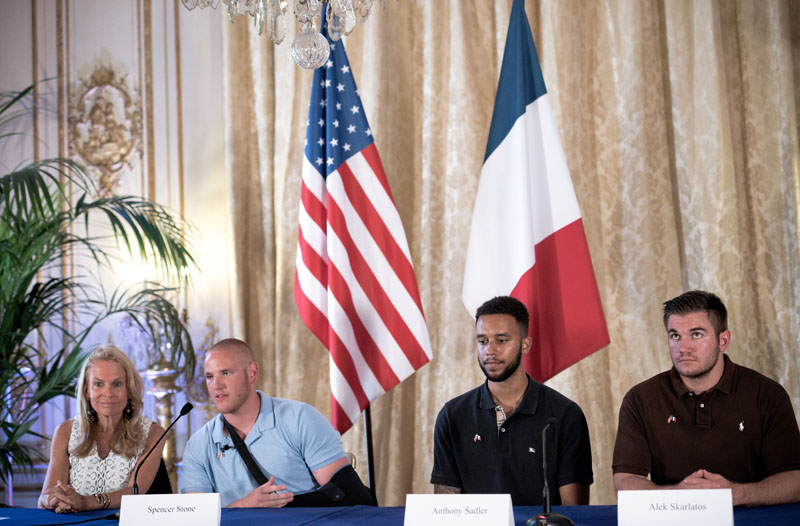 The three US soldiers, Spencer Stone, Alek Skarlatos and Anthony Sadler, who have mastered Ayoub El-Khazzani in the Thalys train, which connected Paris to Amsterdam, gave a press conference with Jane D. Hartley (US Ambassatrice in Paris ), the Embassy of the United States in Paris. France, August 23, 2015, photo by Nicolas Messyasz / Sipa Press/NICOLASMESSYASZ_2015_08_23a_019a/Credit:NICOLAS MESSYASZ/SIPA/1508232102 Conferencia con las personas que ayudaron a la deteccion del terrorista que ataco el tren Amsterdam Paris 110/cordon press *** Local Caption *** 00721347