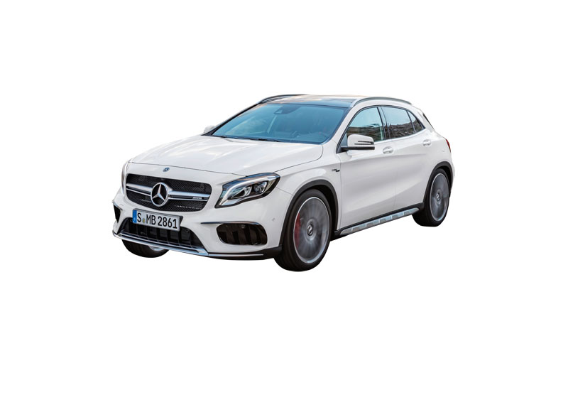 Mercedes-AMG GLA 45 4MATIC, Exterieur, zirrussweiß;Kraftstoffverbrauch kombiniert: 7,4 l/100 km, CO2-Emissionen kombiniert: 172 g/km* Mercedes-AMG GLA 45 4MATIC, exterior, cirrus white;Fuel consumption combined: 7,4 l/100 km; Combined CO2 emissions: 172 g/km*