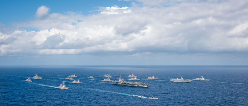 181108-N-VI515-0414 PHILIPPINE SEA (Nov. 8, 2018) The aircraft carrier USS Ronald Reagan (CVN 76), center, steams in formation with 16 other ships from the U.S. Navy and Japan Maritime Self-Defense Force (JMSDF) during exercise Keen Sword 19. Keen Sword is a joint, bilateral field-training exercise involving U.S. military and JMSDF personnel, designed to increase combat readiness and interoperability of the Japan-U.S. alliance. (U.S. Navy photo by Mass Communication Specialist 3rd Class Erwin Jacob V. Miciano/Released)