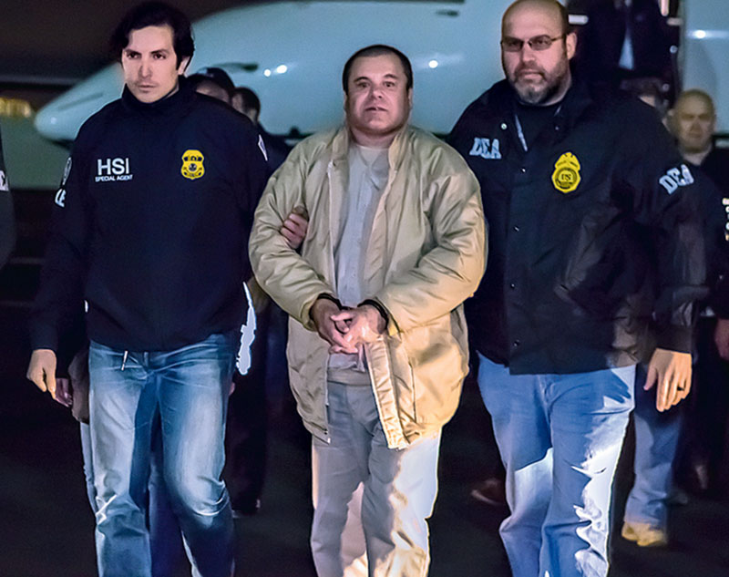 NEW YORK, NY - JANUARY 19, 2017: In this handout provided by U.S. Immigration and Customs Enforcement, Federal authorities announced Friday that Joaquin Archivaldo Guzman Loera, known by various aliases including, √¢El Chapo,√¢? will face charges filed in Brooklyn, New York, following his extradition to the United States from Mexico. Guzman Loera arrived in New York under heavy escort by special agents with U.S. Immigration and Customs Enforcement (ICE) Homeland Security Investigations and the Drug Enforcement Administration (DEA) and other authorities. (Photo by Ted Psahos/U.S. Immigration and Customs Enforcement via Getty Images)