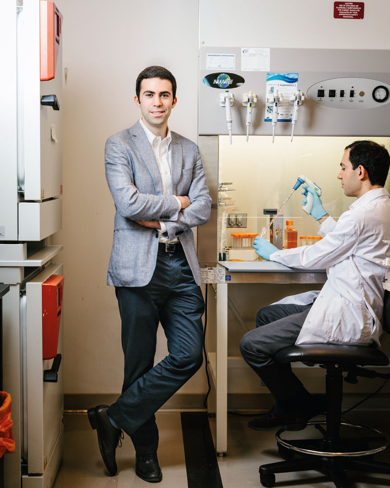 Josh Sommer, executive director of The Chordoma Foundation, on March 18, 2015 at Zuckerman Research Center in NYC. Researcher Nelson Moussaz appears in the backgrounds of some photos.