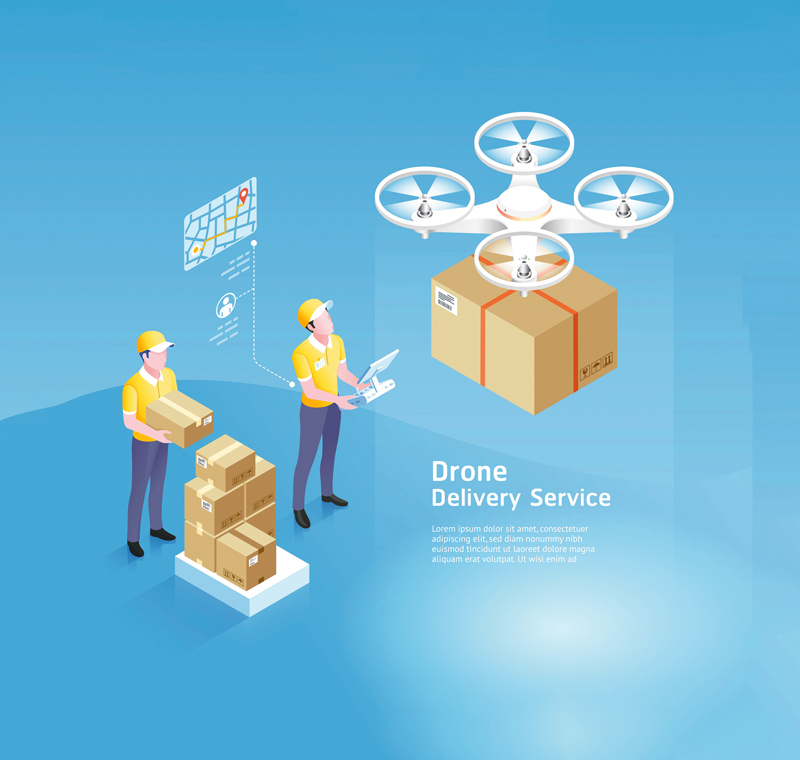 Drone delivery service technology. Vector illustrations.